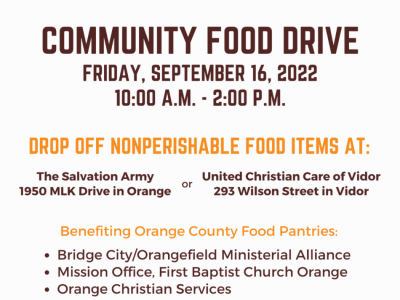 Community Food Drive Friday September 16, 2022 10:00a.m. - 2:00p.m.